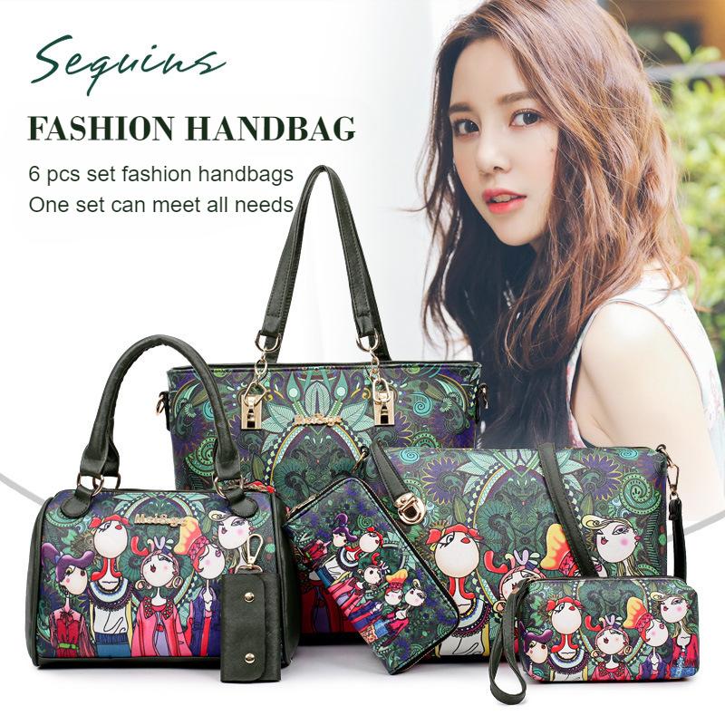 Модный креативный лесной стиль, цифровая печать, комплект женских сумок из 6 предметов, сумка с рисунком персонажа в стиле ретро, ​​сумка через плечо, сумка-тоут, кошелек и сумка для ключей