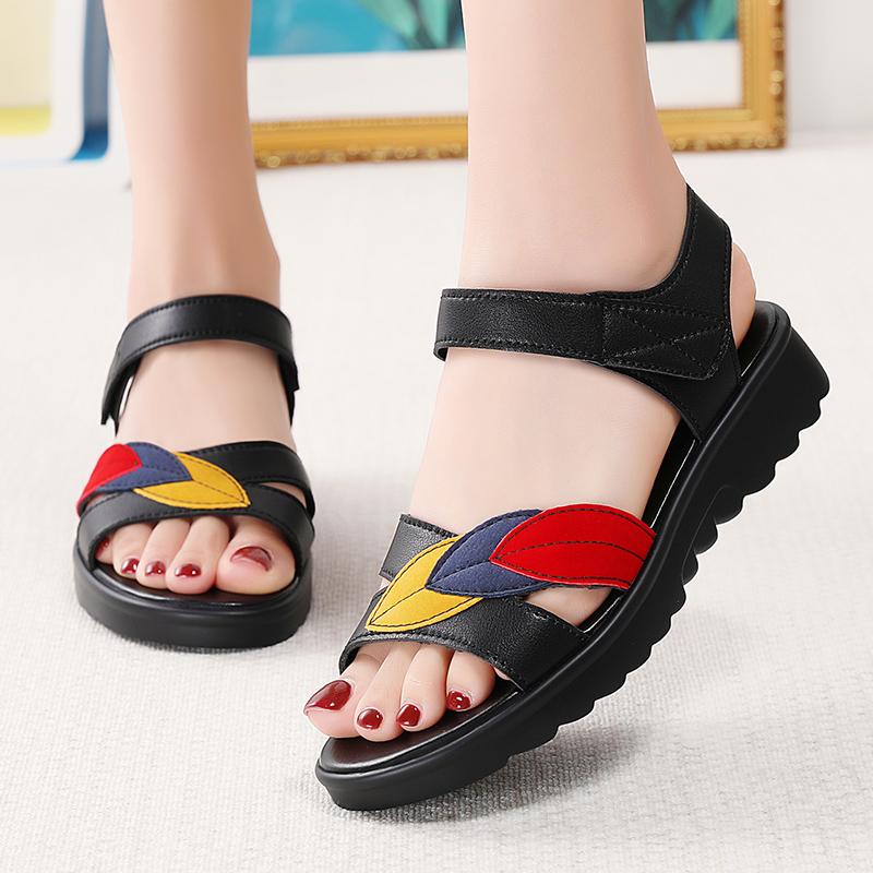 Women Beige Sandals Casual Soft Comfortable Flats Shoes Black Flower Simple Open Toe Sandals for Mother