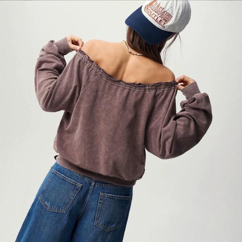 Womens Loose Fit Drawstring Off-Shoulder Hoodless Sweatshirt Winter 2026 Casual Cotton Blend Long Sleeve Top