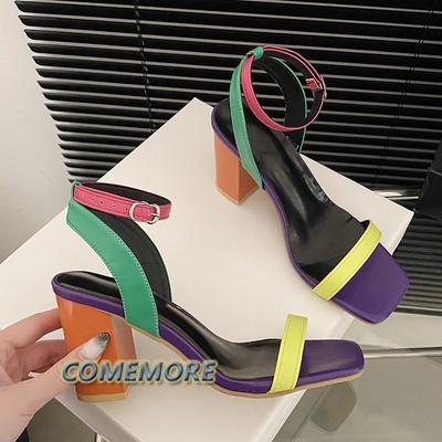 Модные женские сексуальные сандалии смешанных цветов, удобные кожаные туфли с квадратной пряжкой и ремешком на высоком каблуке, повседневные туфли для летних вечеринок и выпускного вечера, размер 42