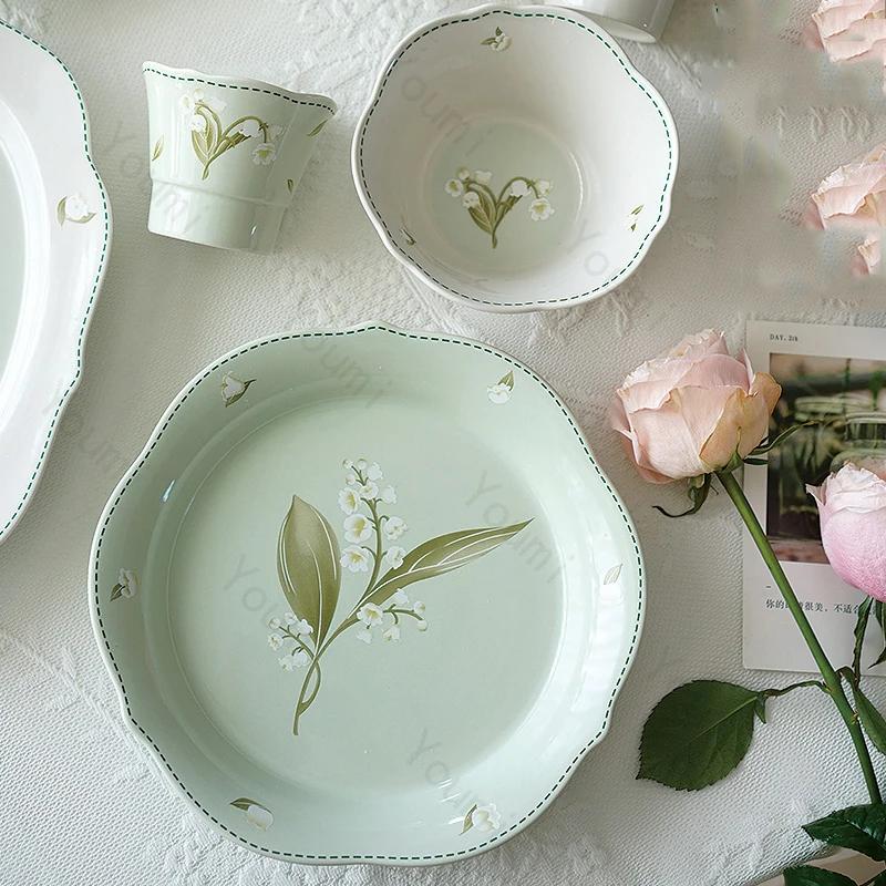 Модные цветочные керамические тарелки, фруктовые десертные тарелки для послеобеденного чая, изысканные блюда, миски, наборы тарелок, изысканная домашняя посуда