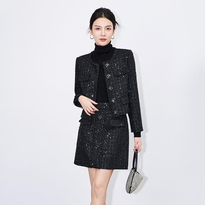 Coco Style Sequin Wool Top & Midi Skirt Set for Women
