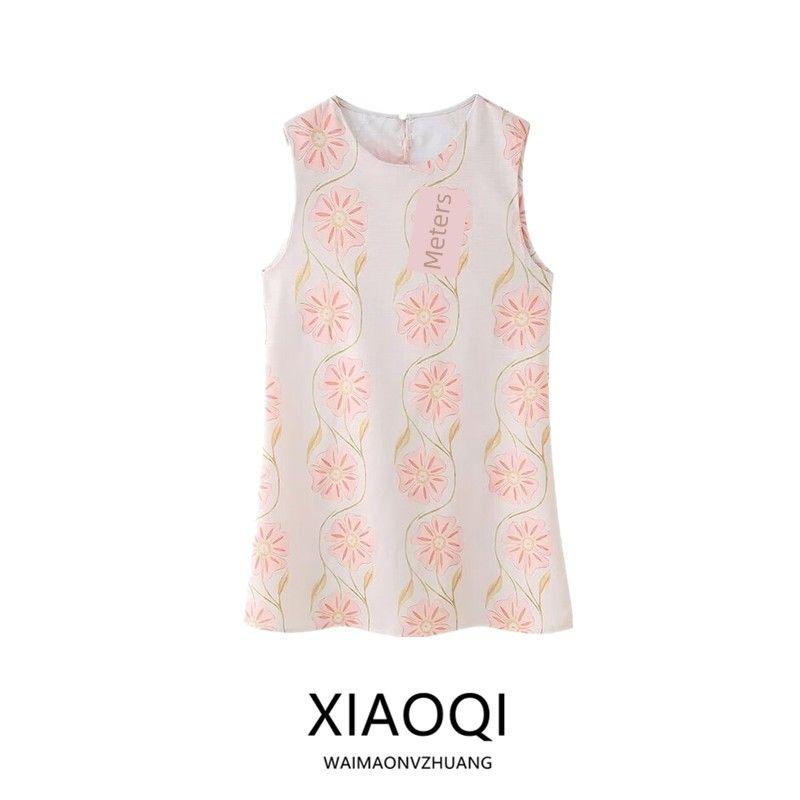 Fashion Style 2024 Summer New Arrival Women's Clothing Slim Looking Linen Pink Flower Loose All-Matching Sleeveless Dress