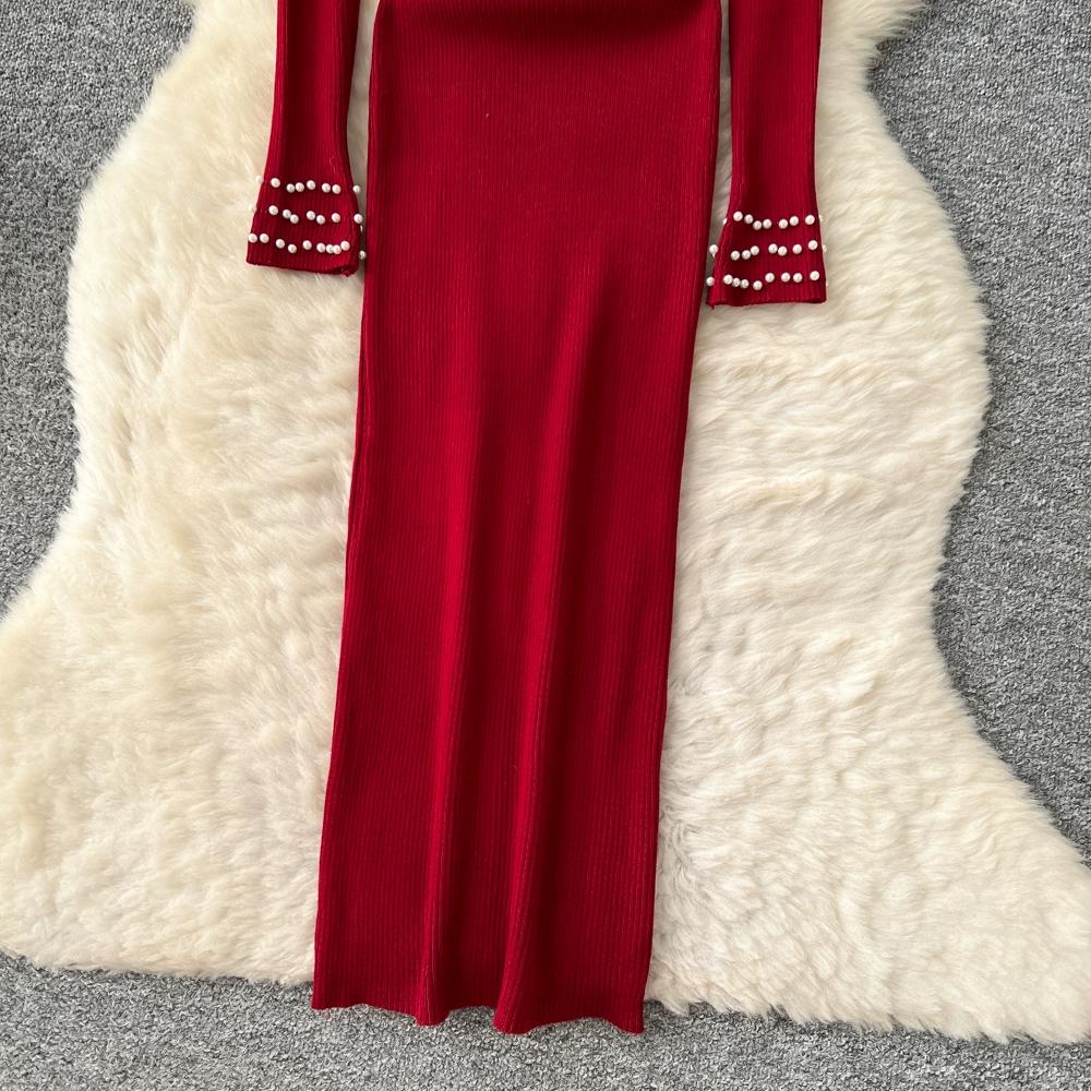 Осень Весна Женский Элегантный Свитер Вязаный с Бусинами с Круглым Вырезом и Длинным Рукавом Вечерние Длинные Миди Платья-Пуловеры