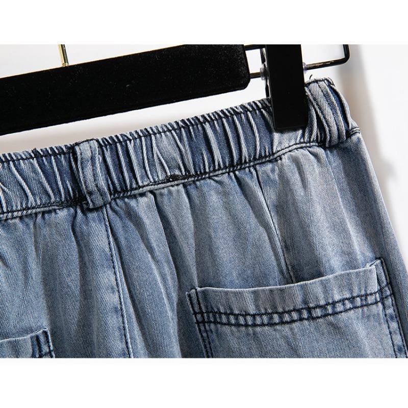 Весна Осень Новые джинсы с эластичной талией женские большие размеры модные шаровары с двойным карманом универсальные свободные брюки длиной до щиколотки