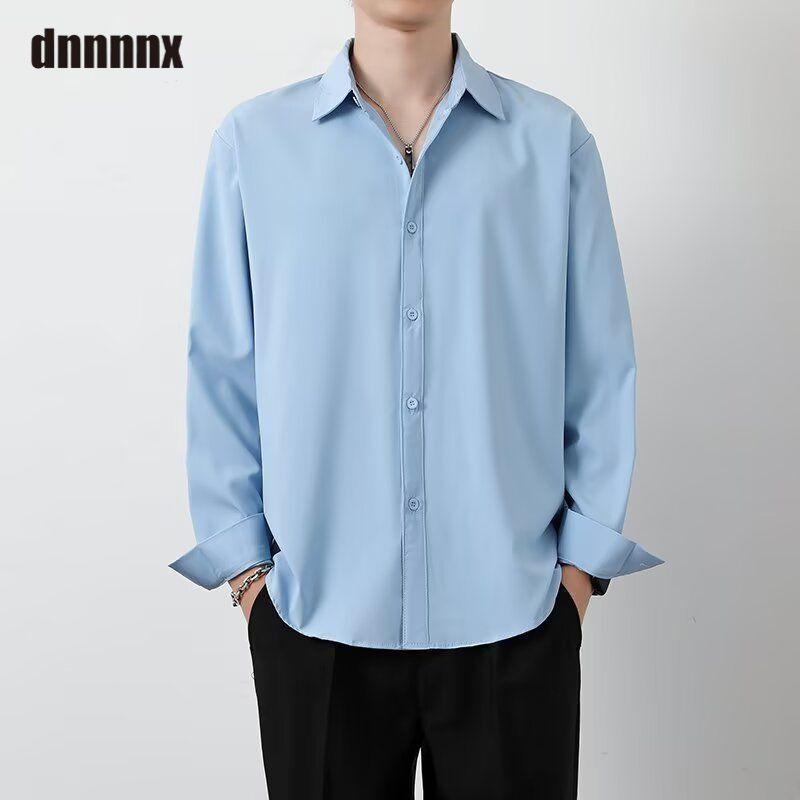 Весенняя Стильная Свободная Однотонная Универсальная Повседневная Рубашка с Длинным Рукавом из Ледяного Шелка для Мужчин Женщин