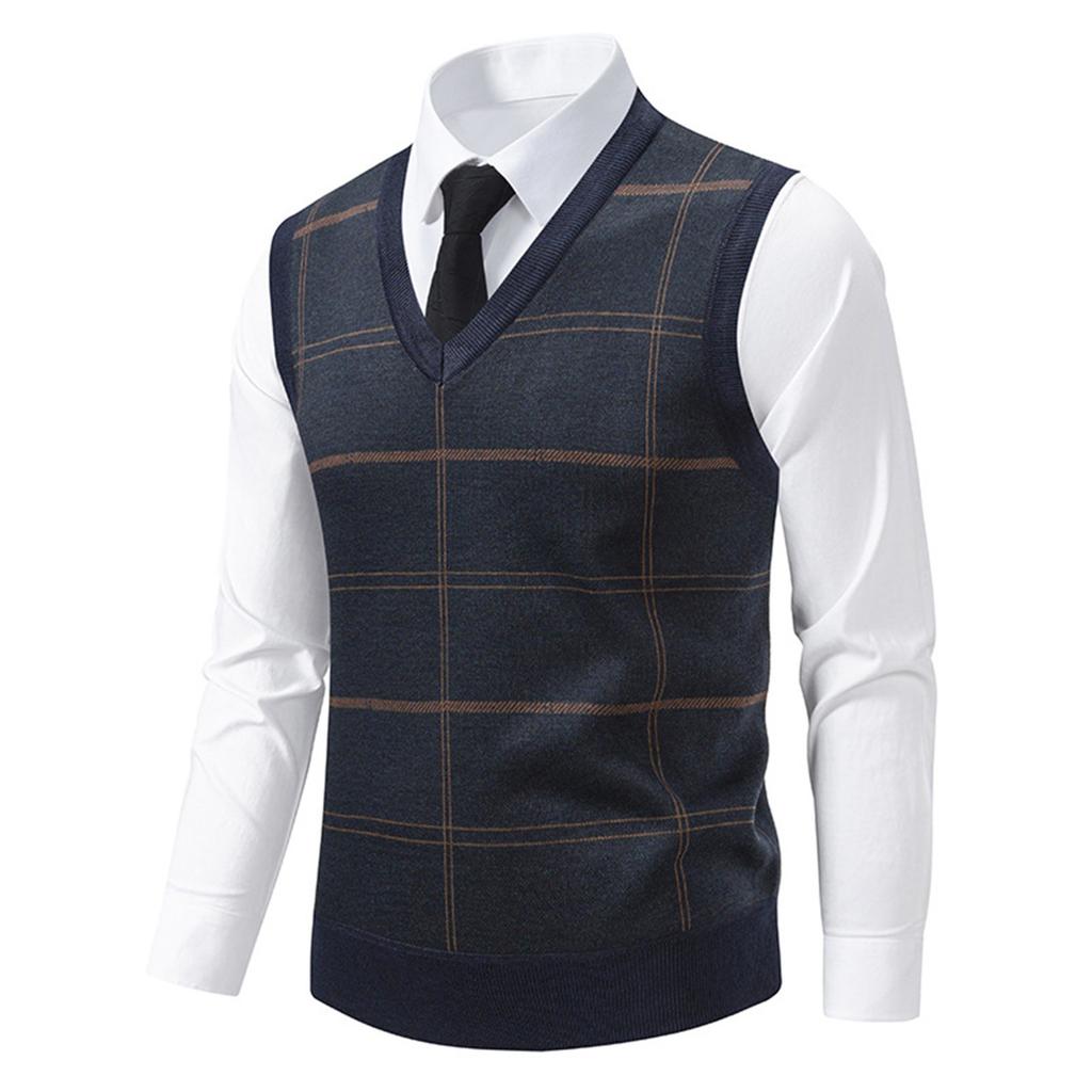 Men's Winter Fleece-Lined Plaid Vest, Pullover, Loose-Fitting Men's Sleeveless Sweater Vest