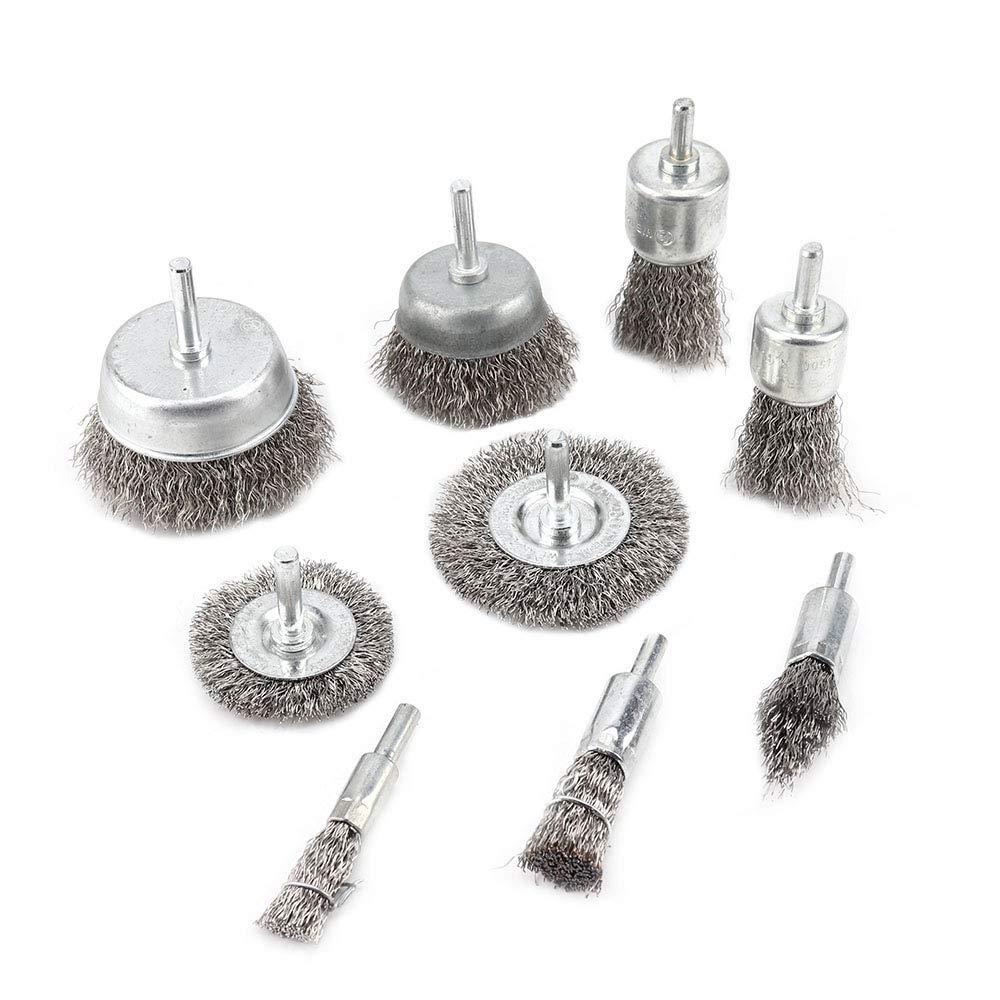 9Pcs Stainless Steel Wire Wheel & Cup Brush Set with 1/4'' Round Shank 0.0118In Coarse Crimped Carbon Steel Drill Brush for Drill Removal of