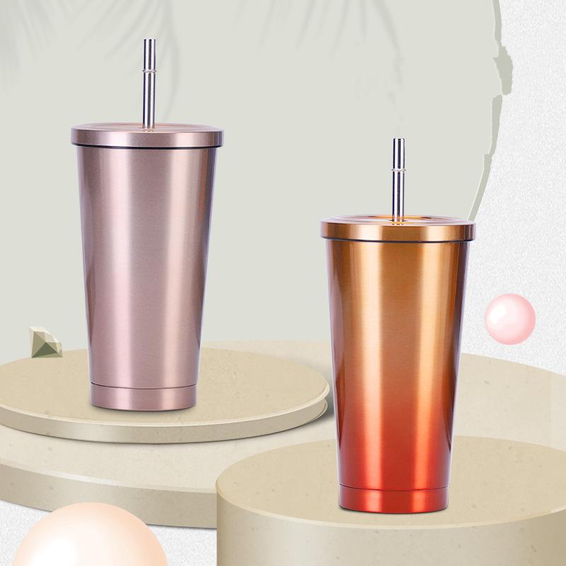 Stainless Steel Straw Cup with Lid Reusable Double-Layer Bottle Portable Thermo Juice Milk Coffee Mug Fashion Drinkware 500ml