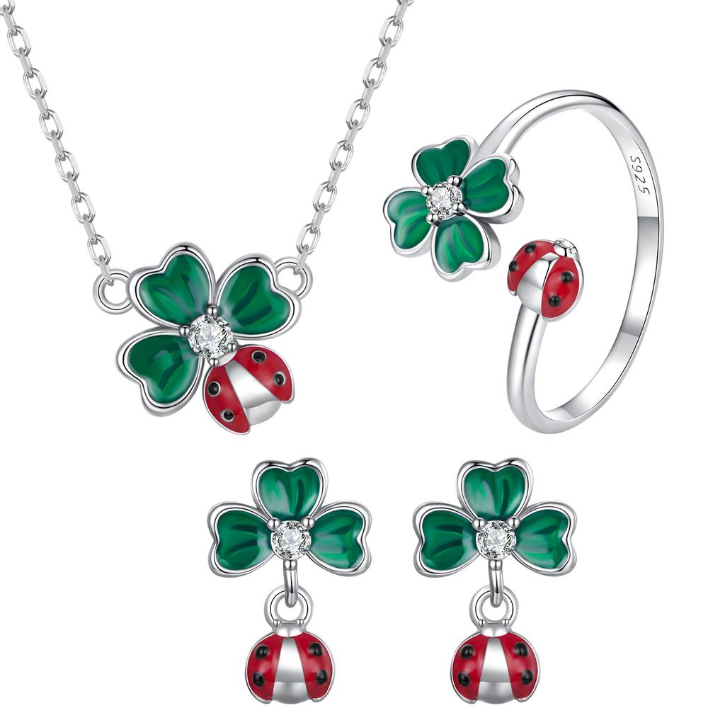 S925 Sterling Silver Spring Four-Leaf Clover Ladybug Jewelry Set Fresh Women'S Niche Light Luxury