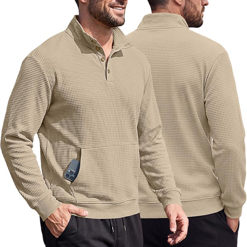 Men's Waffle Polo Shirt Long Sleeve Stand Collar 3D Pocket Outdoor Casual Sweatshirt