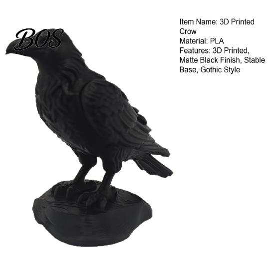 Matte Black Crow Sculpture 3D Printed Statue, Gothic Dark Academia Bird Sculpture, Raven Ornament Figurine, Stable Rock Base for Desk Display Cabinet,