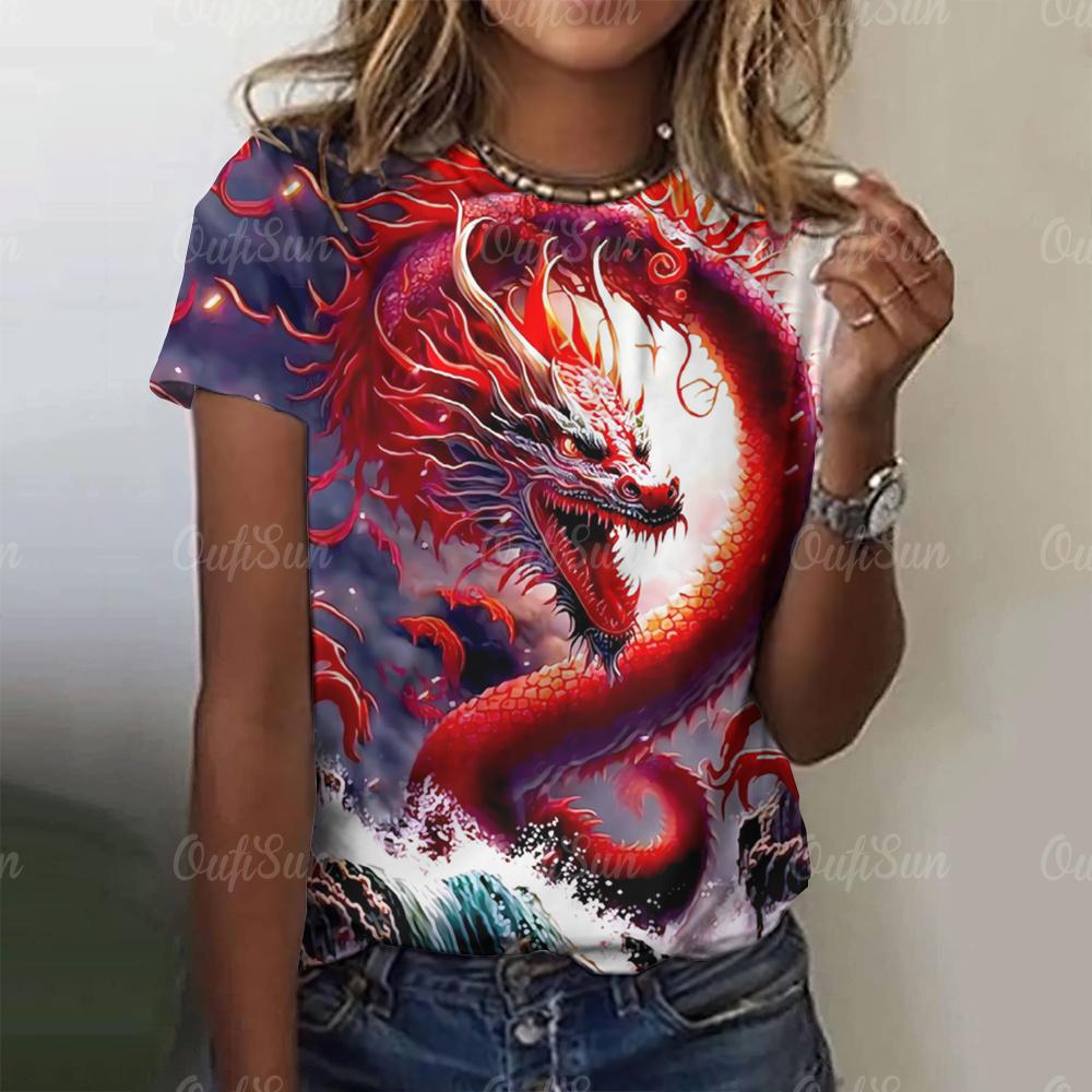 Женская футболка с принтом 3D-дракона в китайском стиле, новый пуловер для женщин с круглым вырезом, повседневный короткий рукав, 2024, модные уличные топы