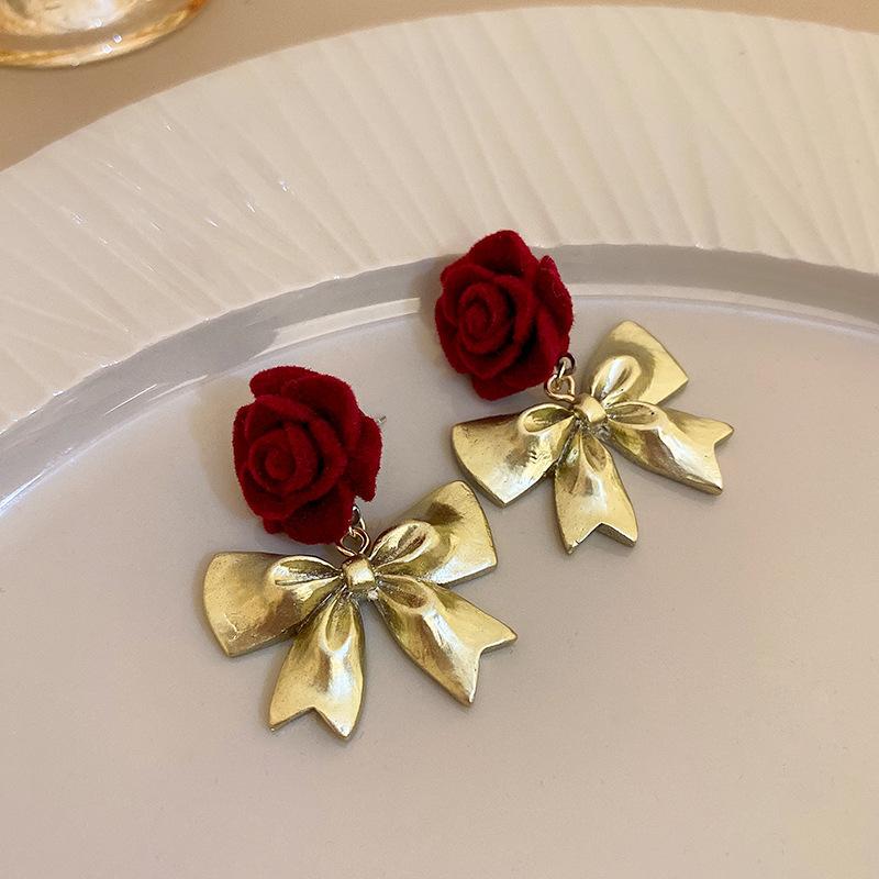 Vintage Red Flocking Earrings Collection Bow Knot Earstuds Vintage Style Earrings Jewelry Gift