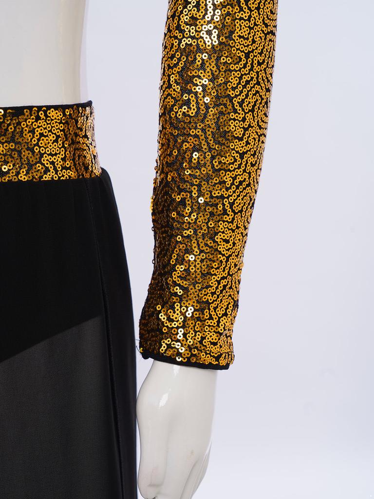 Комплект для выступлений для девочек: кроп-топ с пайетками с длинным рукавом и воротником-стойкой, широкие брюки из струящегося шифона для танцев