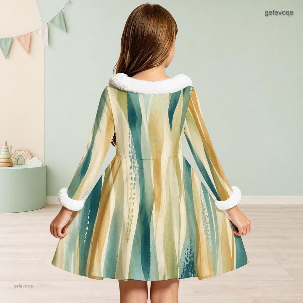 Girls Long Sleeve Tie Dye Printed A Line Dress White Furry Collar Cuffs Waist Bow Flared Hem
