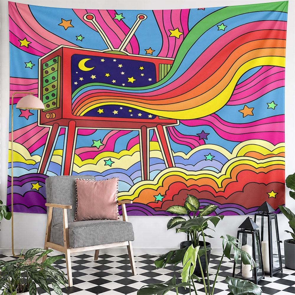 Retro TV with Rainbow and Stars Pattern Wall Hanging Tapestry Decorative Tapestry Home Decor for Bedroom and Living Room
