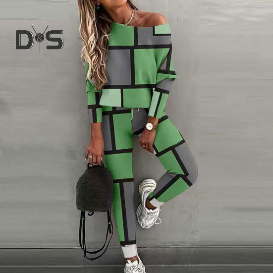 2 Pcs/Set Women Top Pants Suit Color Matching Off Shouder Long Sleeve Loose Elastic Waist Patchwork Women Spring Fall T-shirt Trousers Set Lady