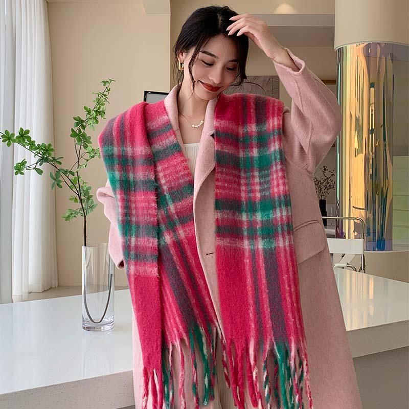 Winter New Scarf Women's Winter Thickened Warm Scarf Colored Plaid Fringed Scarf Shawl Fashionable Outer Cover