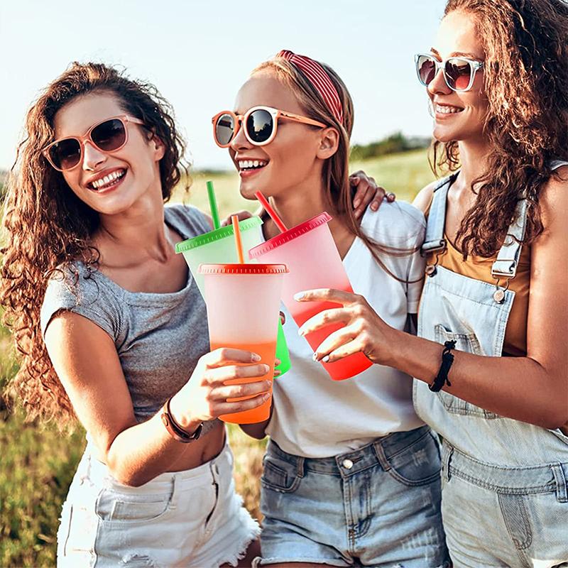 Упаковка из 10 многоразовых пластиковых стаканчиков с крышками и трубочками, 710 мл, меняющие цвет стаканчики, меняющие цвет стаканчики для вечеринок