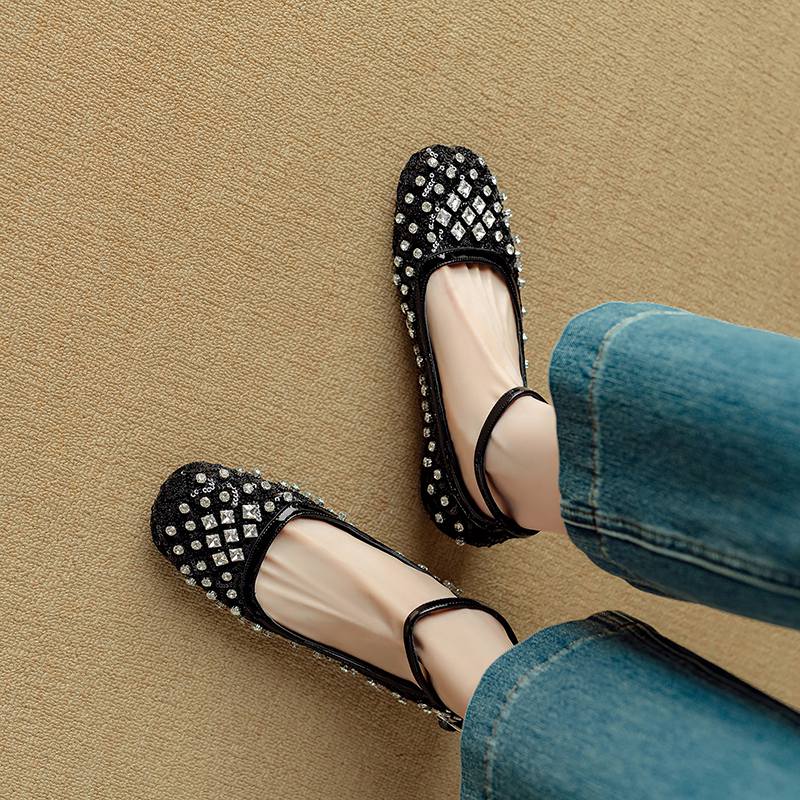 Krazing Pot Трикотаж Овчина Лето Размер 40 Кристалл Низкий каблук Ремешки на щиколотке Стразы Квадратный носок Элегантные Милые Туфли