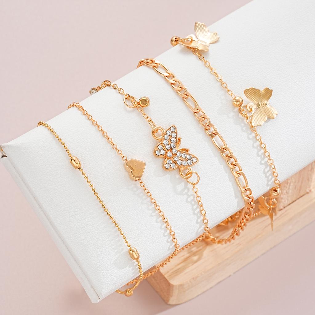 5 Pcs Gold Color Vintage Butterfly Anklet Set For Women Boho Multilayers Love Zircon Anklet Bracelet On Leg Foot Beach Jewelry
