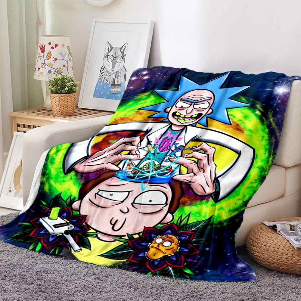 1Pc Psychedelic Rick Morty Adventure Flannel Blanket, Soft And Comfortable, Casual Warm, Camping Travel, Christmas, Halloween Xmas Gift L1511
