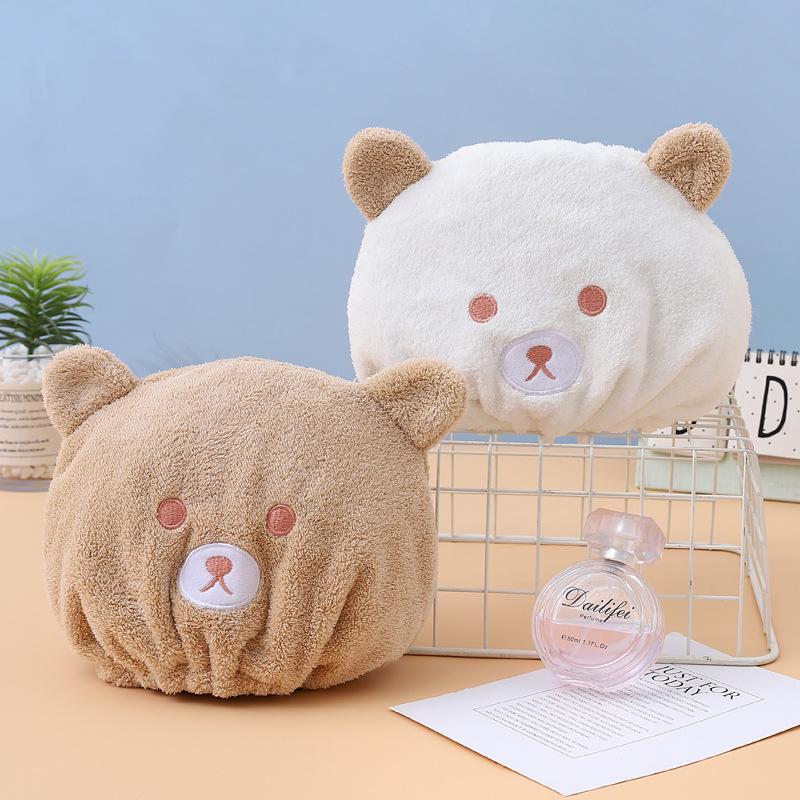 Cute Cartoon Bear Hair Drying Cap - Soft Absorbent Coral Fleece for Kids
