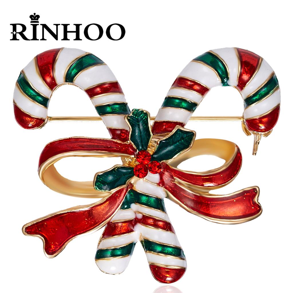 Rinhoo Enamel Christmas Crutch Brooches Pins Rhinestone Lucky Fruit Hat Glove Boot Sock Angel Sled Gift Box Badge New Year Gifts