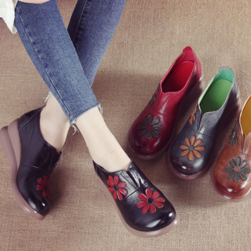 Johnature Женские туфли-лодочки из натуральной кожи с круглым носком в стиле ретро, ​​женская обувь на танкетке с мягкой подошвой и цветочным принтом в этническом стиле