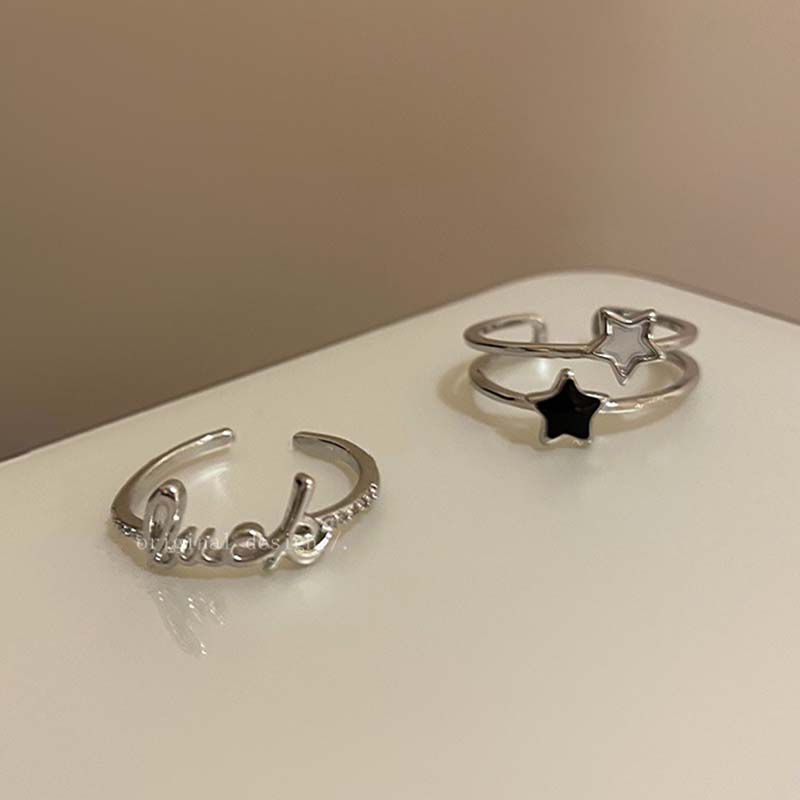 Y2K Letter Bilayer Star Open Ring for Women Girls Sweet Hollow Dropwise Glaze Pentagram Lucky Finger Accessories Fashion Jewelry