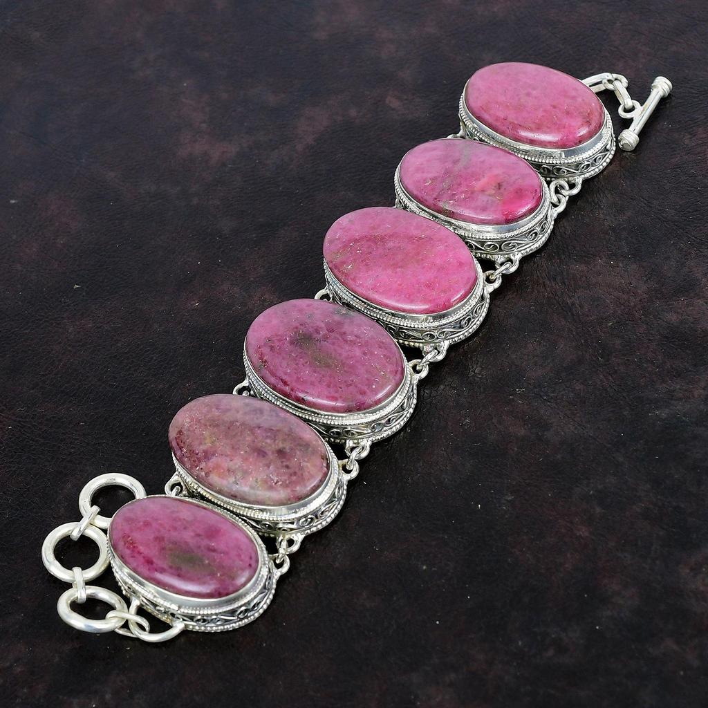 Rhodonite Gemstone Bracelet 925 Sterling Silver Bracelet Handmade Jewelry Adjustable Chain Bracelet Gifts For Mother Vintage Design Bracelet