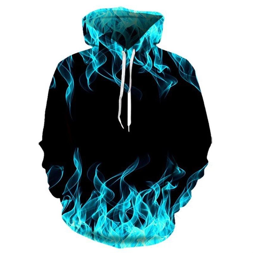 3D Blue Flame Collection Printed Pullover Sweatshirt Men's Hooded Sweatshirt
