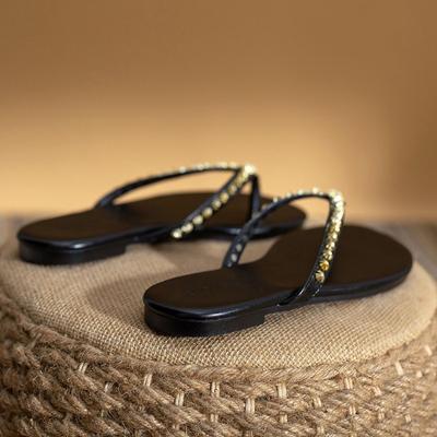 Весенне-летняя обувь больших размеров, ретро сандалии однотонные, с плоским носком и стразами, женские туфли, сандалии, шлепанцы.