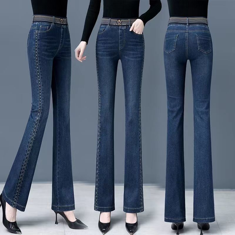 Женские винтажные узкие эластичные расклешенные джинсы, эластичные джинсы скинни с высокой посадкой, винтажные джинсы до щиколотки большого размера