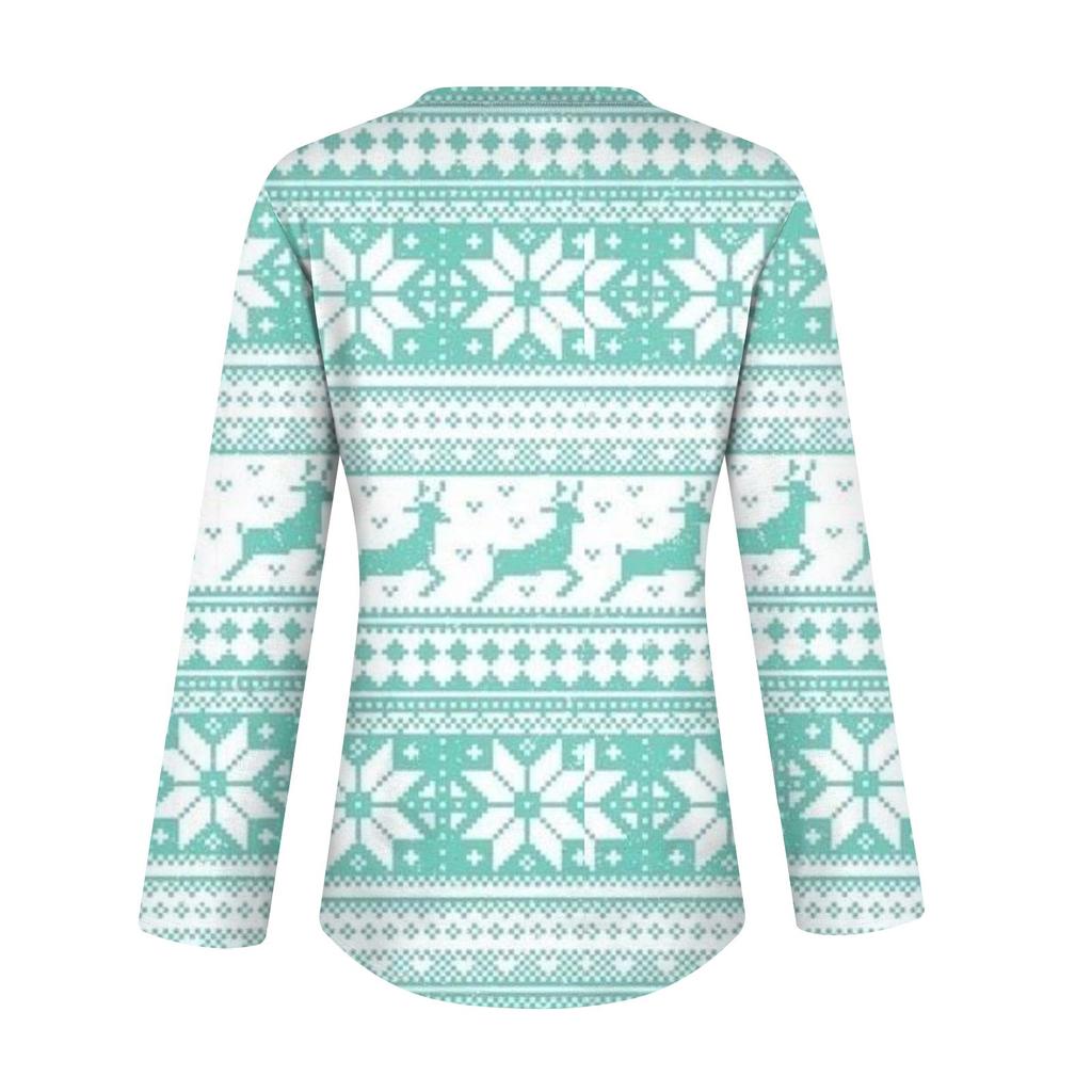 Women's Casual Fashion Sexy Comfort Christmas Printed V-Neck Button Long Sleeve