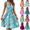 Women's Spring And Summer Casual V-Neck Sleeveless Waist Floral Print Midi Dress