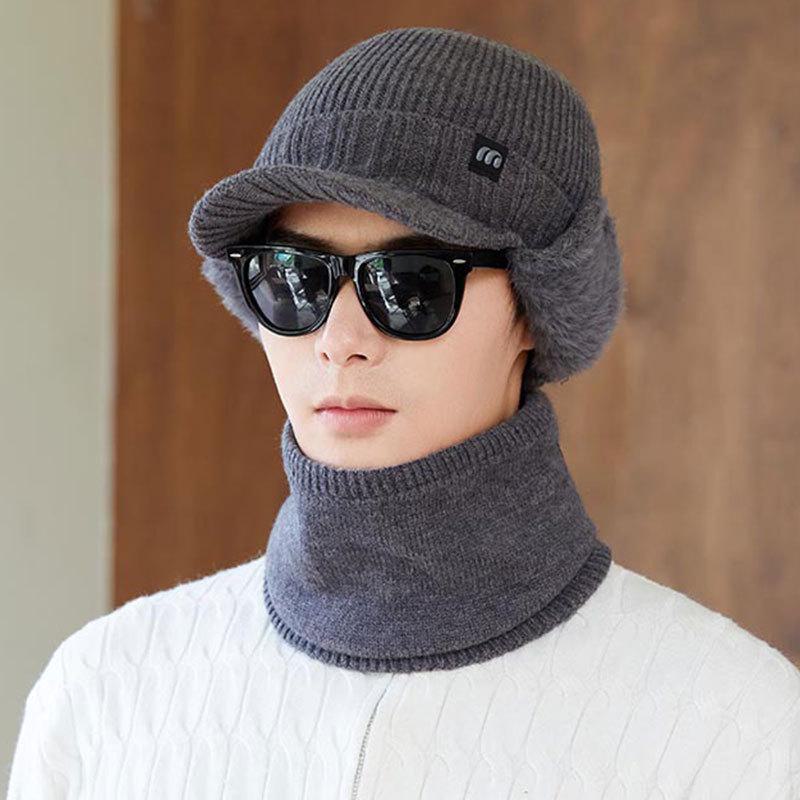Мужская зимняя вязаная шапка и толстые наушники с теплым ветрозащитным шарфом для езды на велосипеде на открытом воздухе