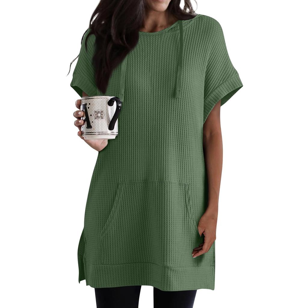 Women's Solid Color Loose Shirts Short Sleeve Drawstring Hoodies Knit Side Slit Tunic Hooded Tops With Pocket