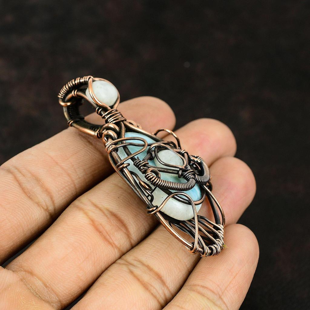 Сглаз Ларимар Медный кулон Драгоценный камень Медь Обернутые украшения Лунный камень Медные украшения Ручная работа Ювелирные изделия сглаза Подарок для нее Подарок для мамы