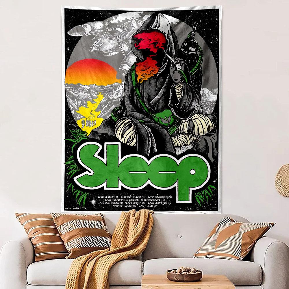 A hooded figure with a fiery face, machinery, and a sunset backdrop. Patterned tapestry for bedroom and living room home decor