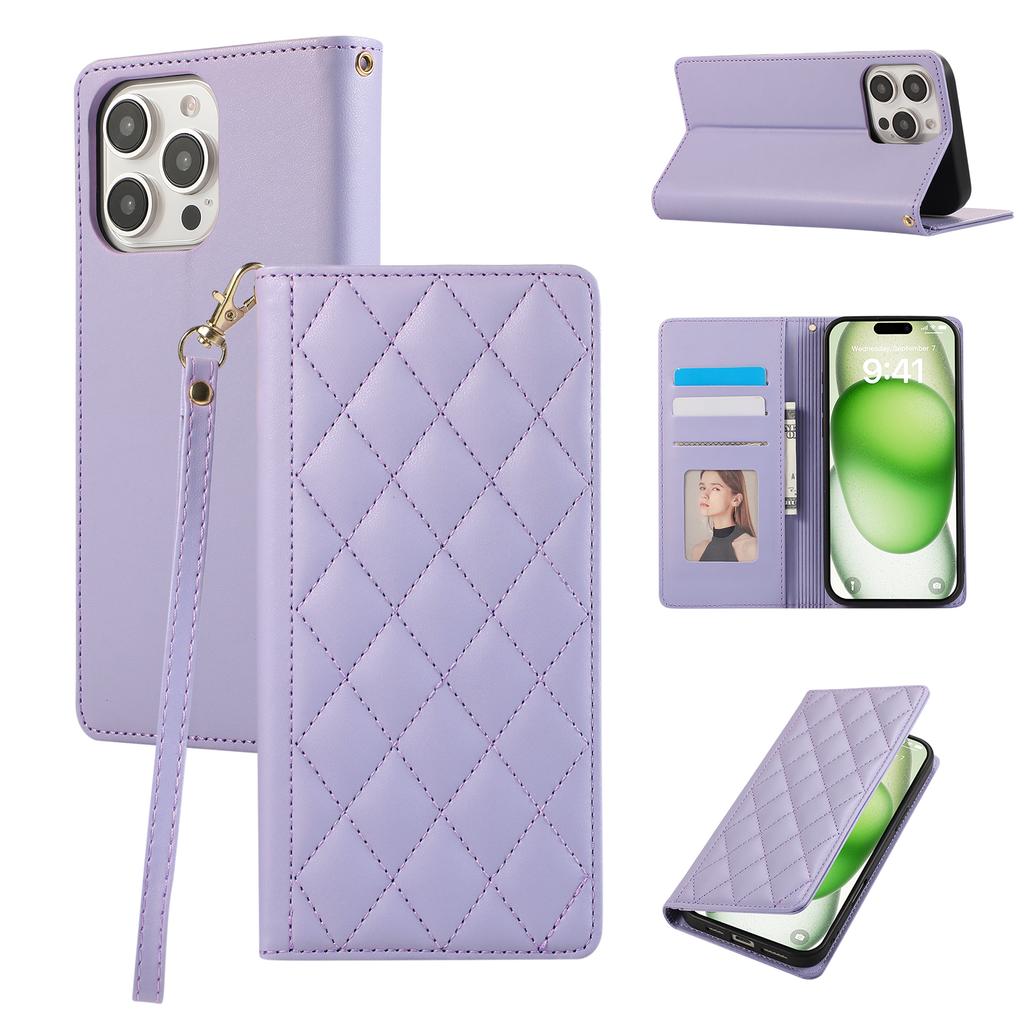 For iPhone 16 Pro Case RFID Blocking Wallet Stand Rhombus Leather Phone Cover with Wrist Strap