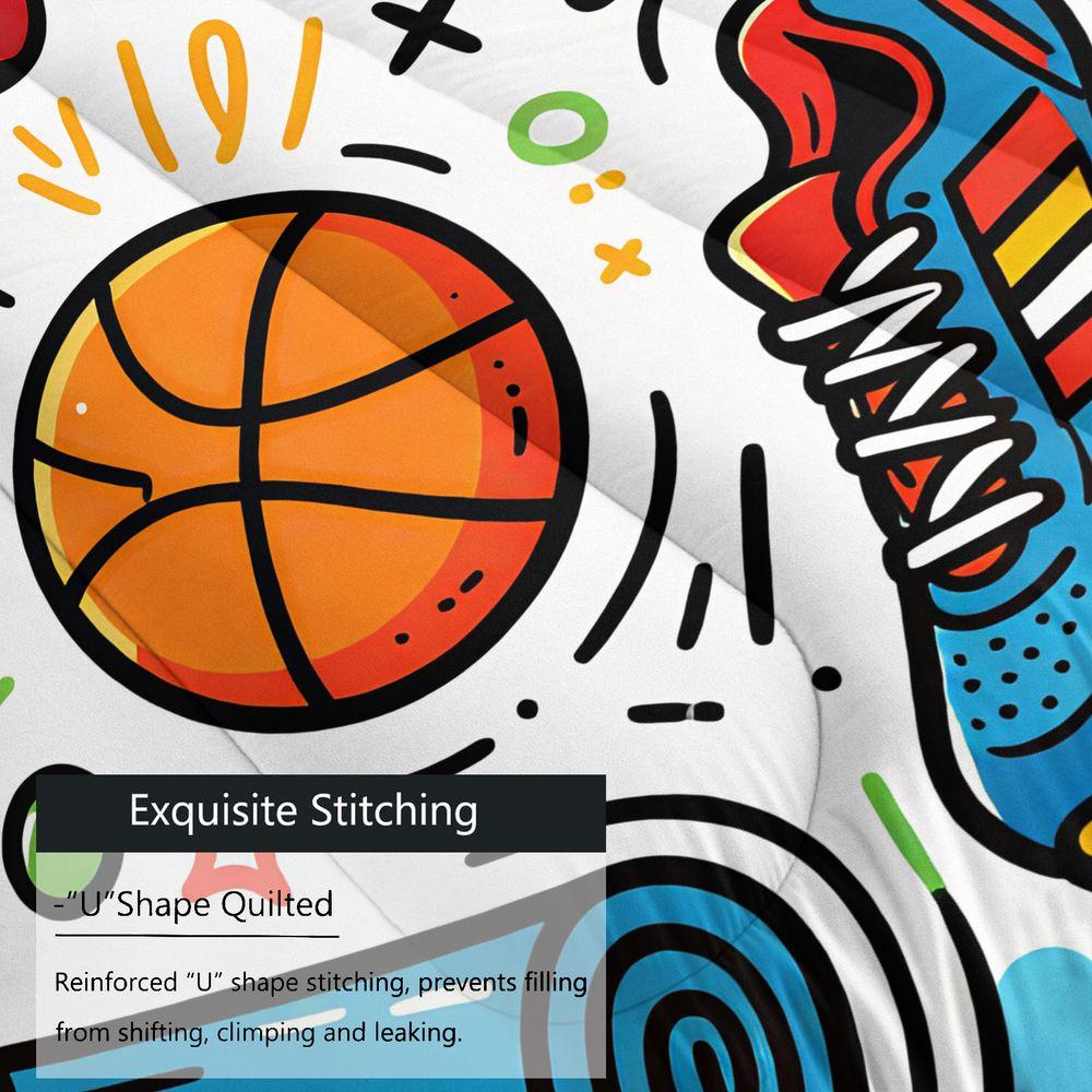 Basketball Print Comforter Set Quilt Bedding Set With Pillowcase, Sporty Trend For Teen Boys Gym Lover Bedroom