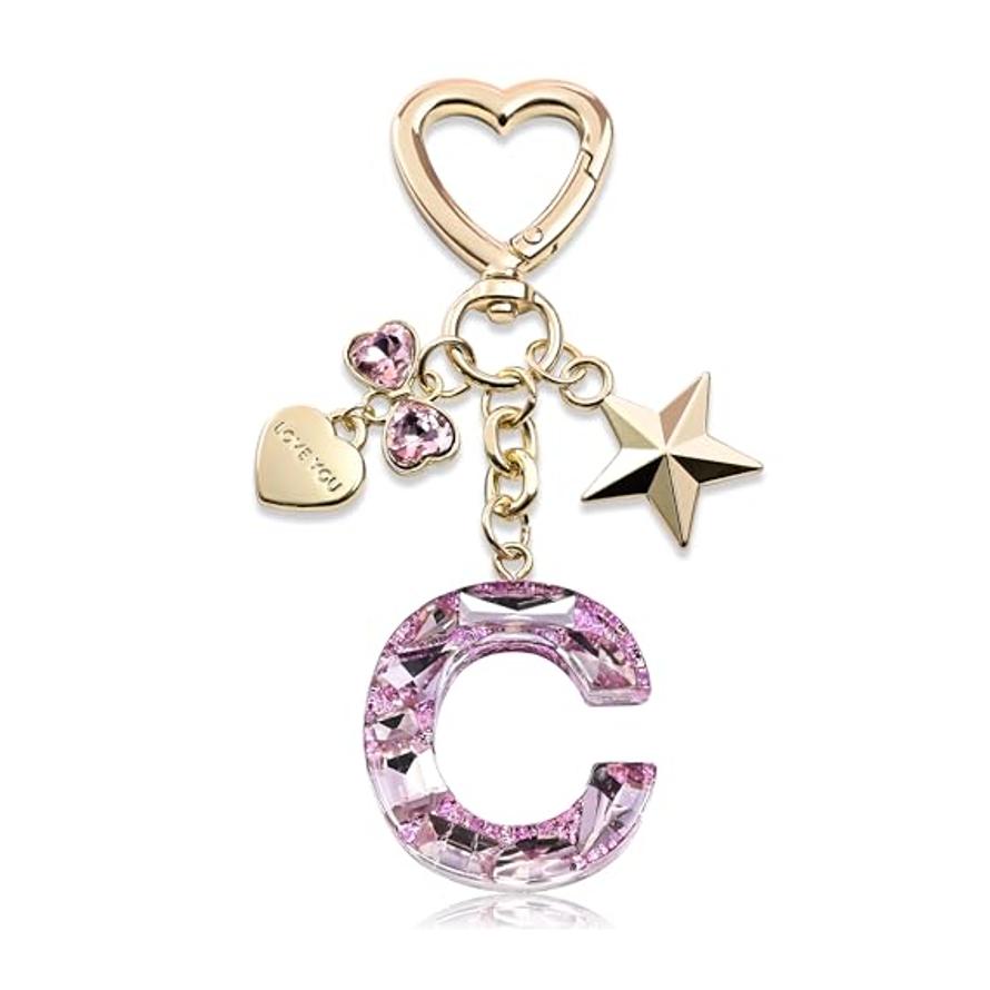 Bling Keychain with Initial Letter Butterfly Star Pink Purple - Cute Gift for Women And Girls Bag Cup Charms Fashion Accessory