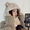 Bear Ears Hat Scarf Integrated Female Winter Cartoon Cute Plush Warm Scarf Gloves Three-piece Set