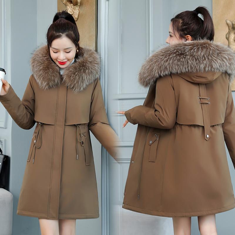8XL Женская осенне-зимняя куртка-парка с большим меховым воротником и шерстяной подкладкой, с капюшоном, верхняя одежда, приталенное длинное пальто, повседневные парки, хлопковые теплые пальто, женские