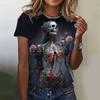 Summer Round Neck 3D Rose Skull Pattern Printed Top Fashionable Casual Short Sleeved Women's T-shirts