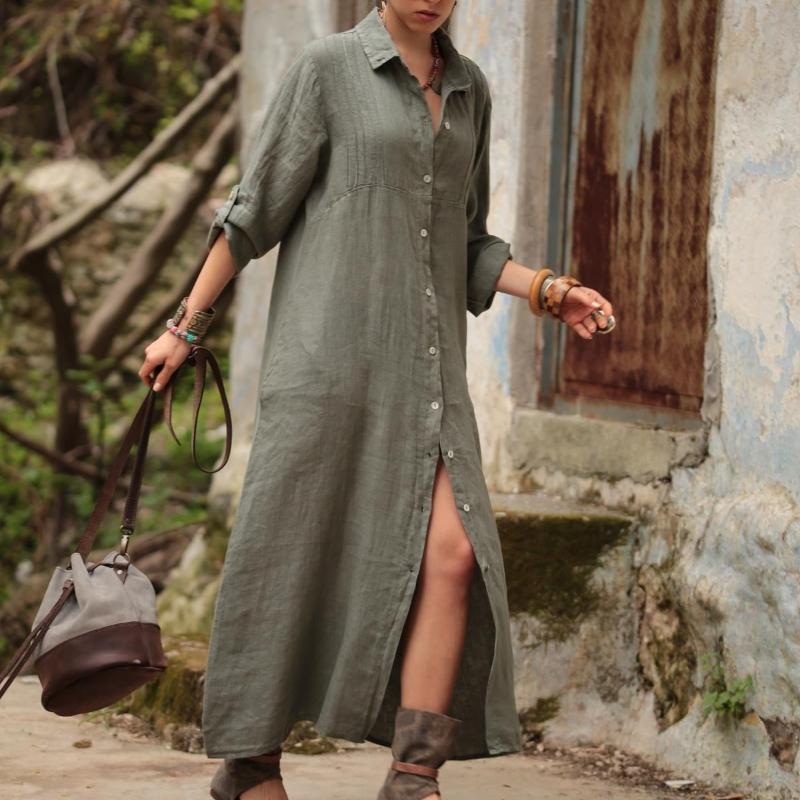 GMXIA Women's Fashion Summer Spring Solid Color Print Long Sleeve POLO-Neck Casual Dresses