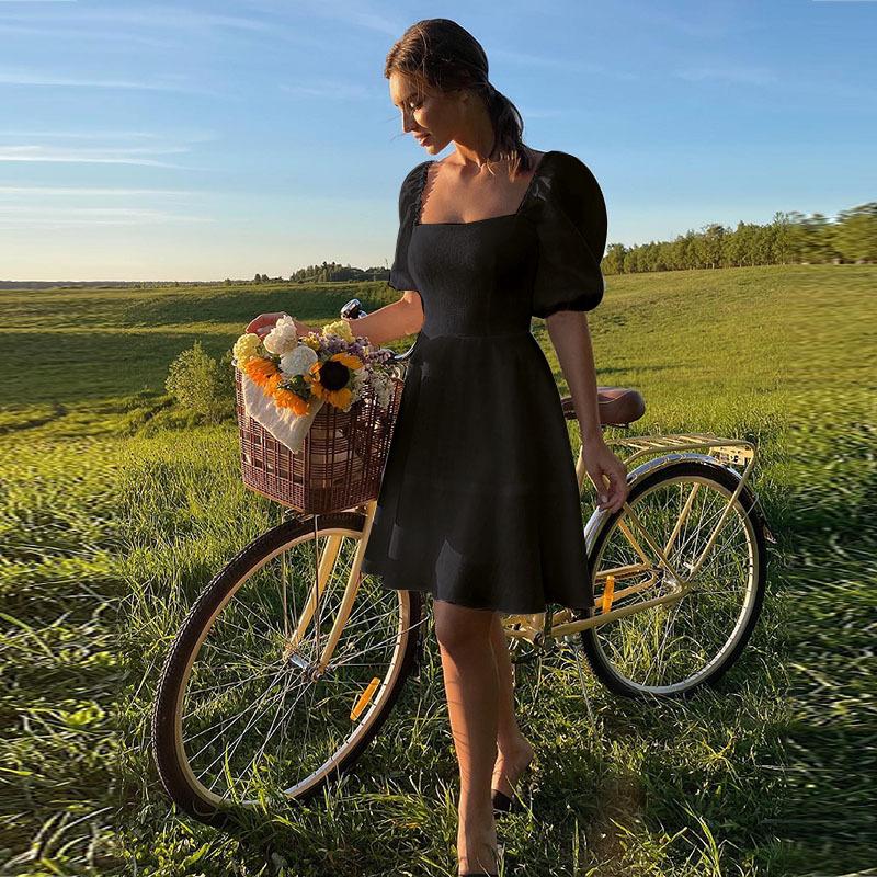 Женская мода с квадратным вырезом, коротким рукавом и высокой талией, тонкое платье, юбка, повседневные платья