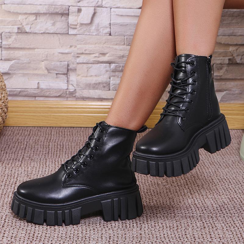 Fashion Women's Chunky Platform Ankle Boots Thick Bottom Non Slip Combat Boots Woman Fashion Lace Up Black PU Leather Botas Mujer 2025